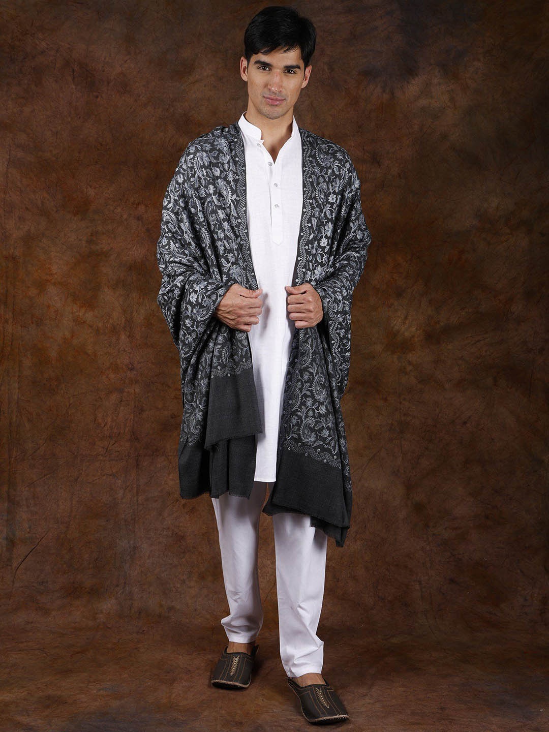 

Exotic India Dark Shadow Men's Pure Wool Aari Embroidered Paisley Vines Shawl, Black