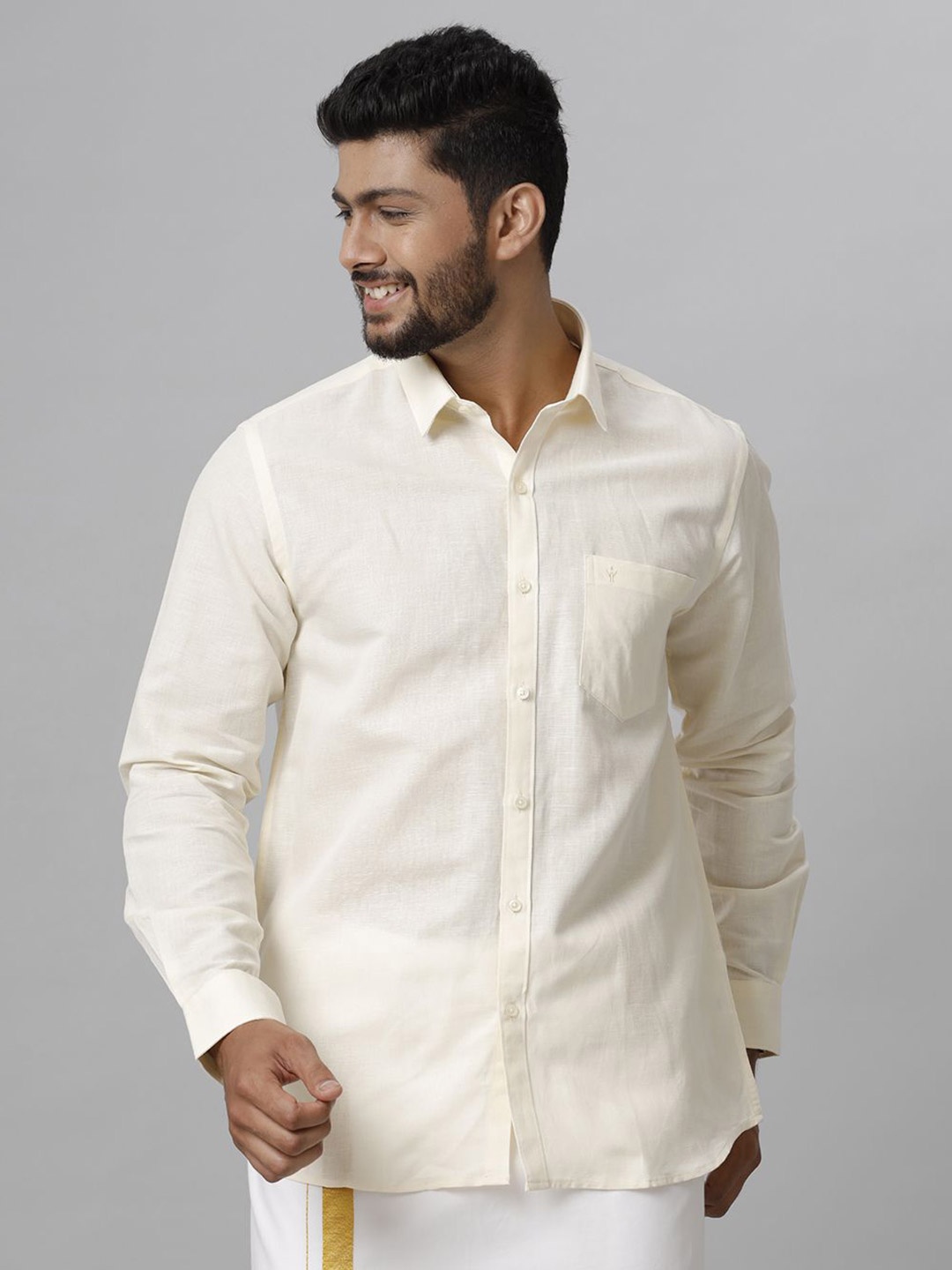 

Ramraj Spread Collar Opaque Linen Casual Shirt, Off white