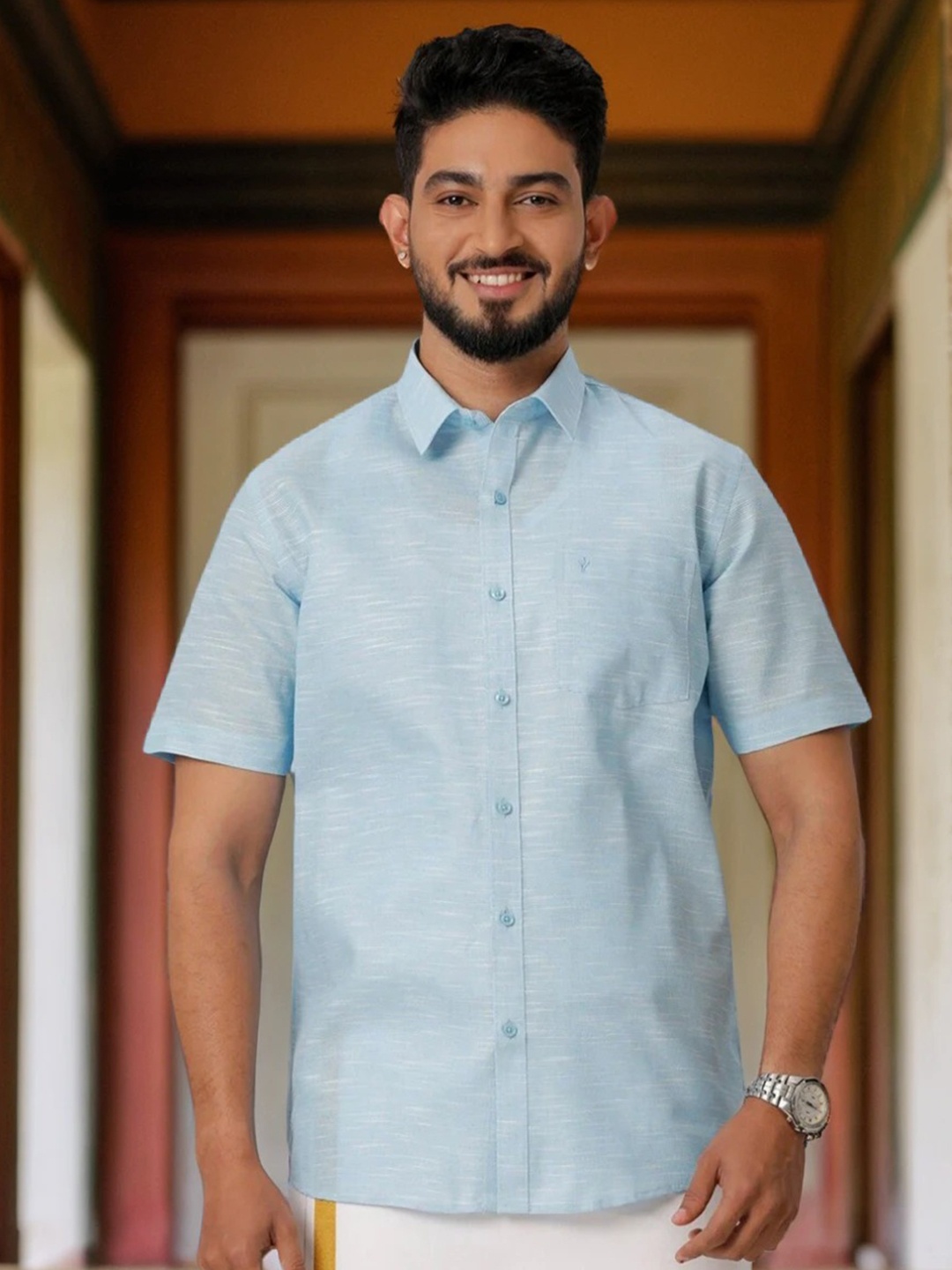 Ramraj Spread Collar Opaque Cotton Casual Shirt, Blue