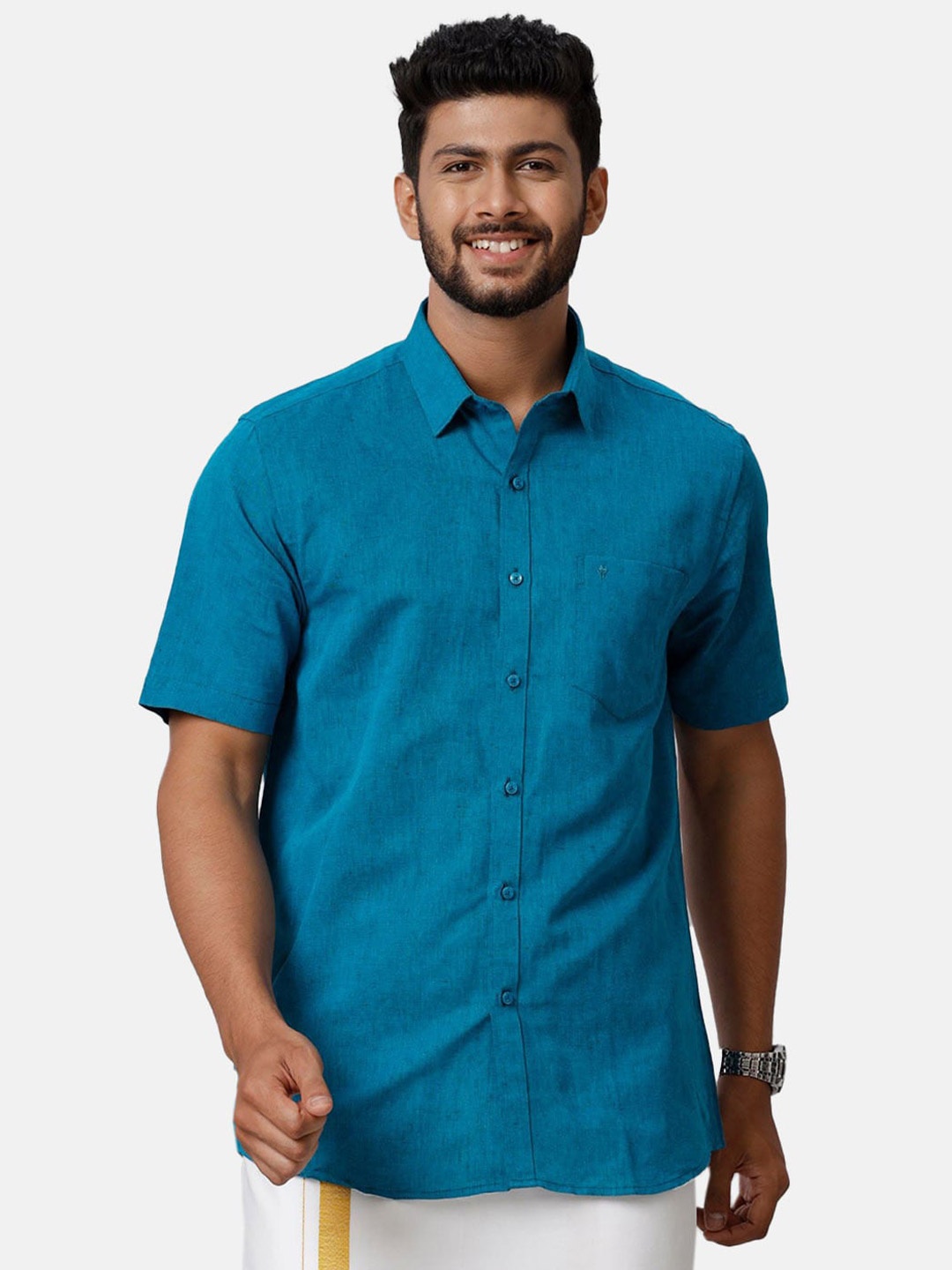 

Ramraj Spread Collar Opaque Cotton Casual Shirt, Blue