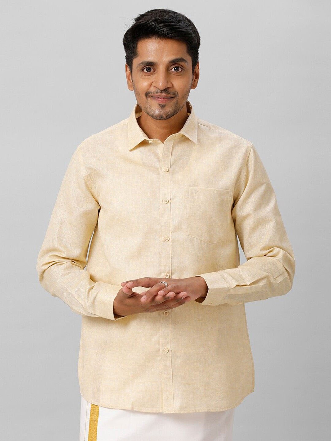 

Ramraj Spread Collar Cotton Long Sleeves Ethnic Shirt, Beige