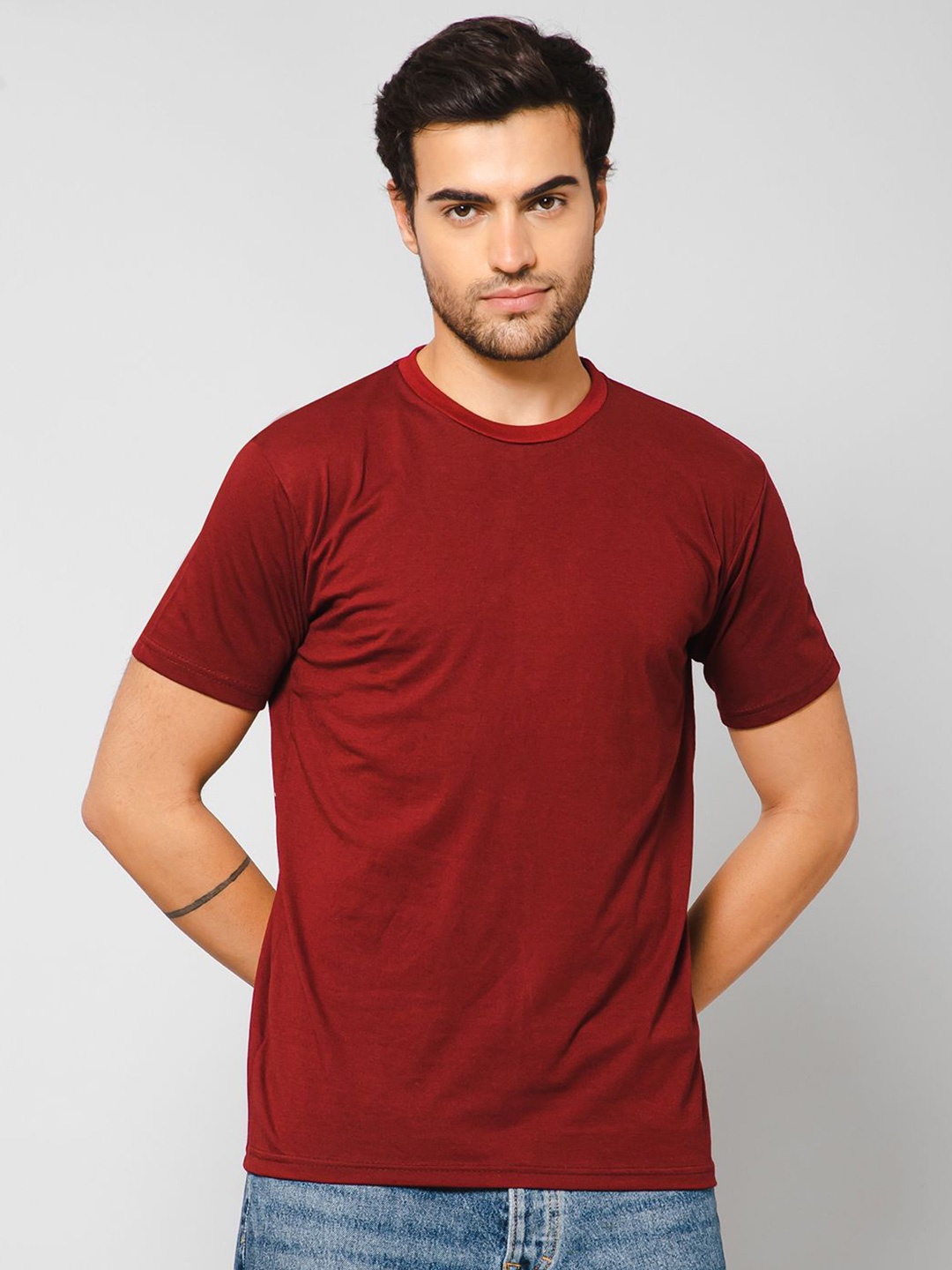 

GIYSI Short Sleeves Round Neck Knitted Cotton T-shirt, Maroon