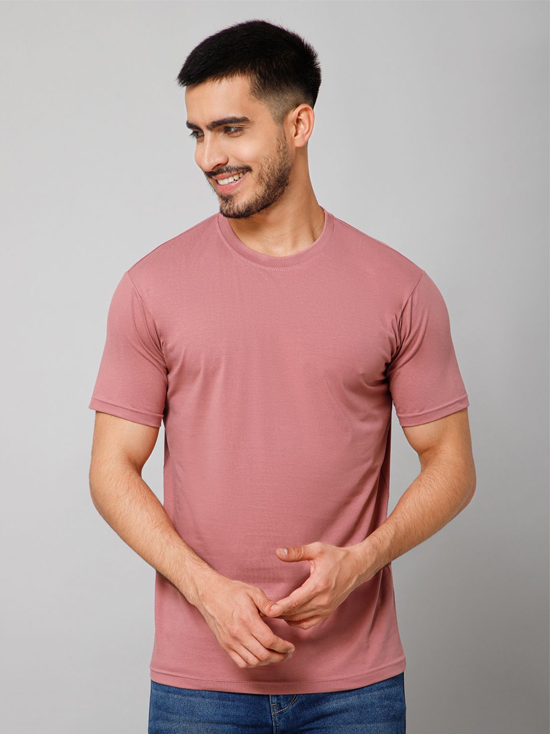 

GIYSI Short Sleeves Round Neck Knitted Cotton T-shirt, Pink