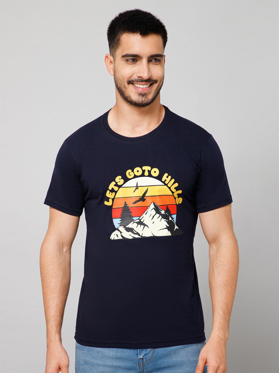 

GIYSI Graphic Printed Round Neck Short Sleeves Cotton T-shirt, Navy blue