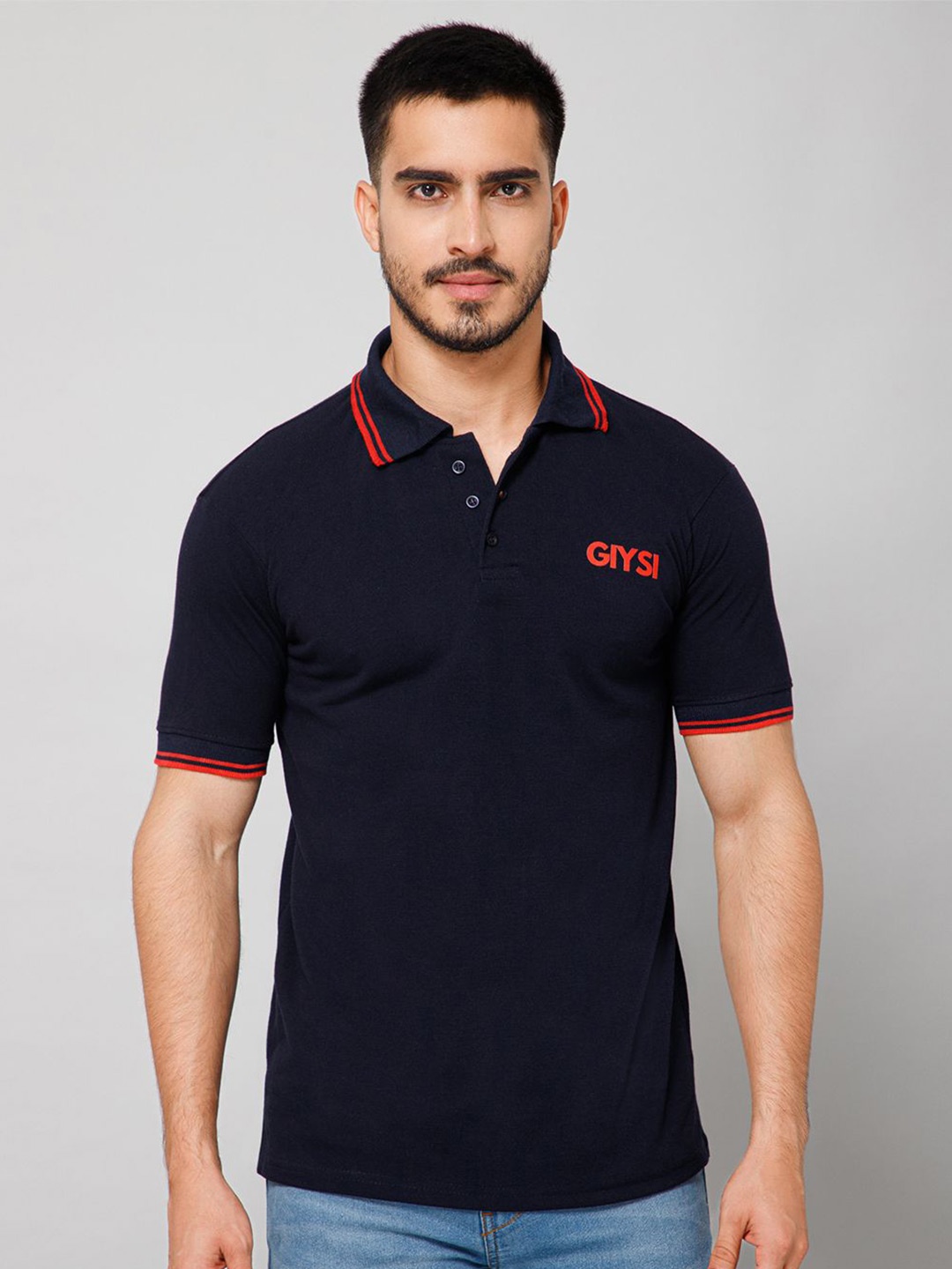 

GIYSI Men Polo Collar Cut Outs Solid T-shirt, Navy blue