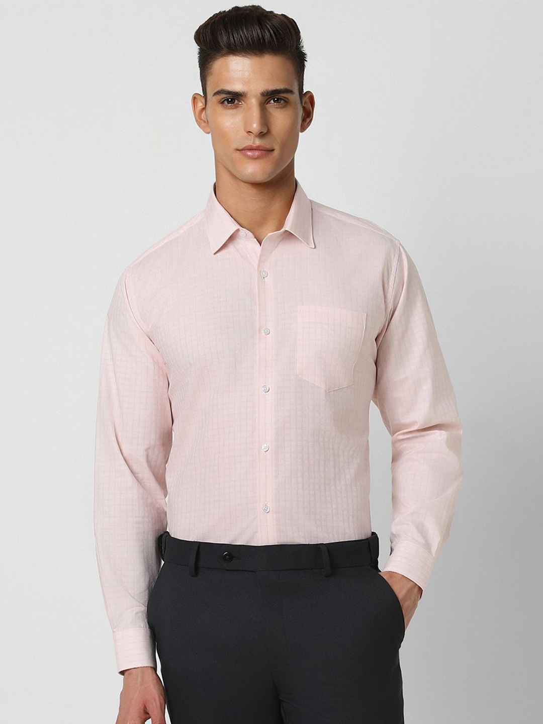 

Van Heusen Self Design Spread Collar Long Sleeves Cotton Party Shirt, Peach