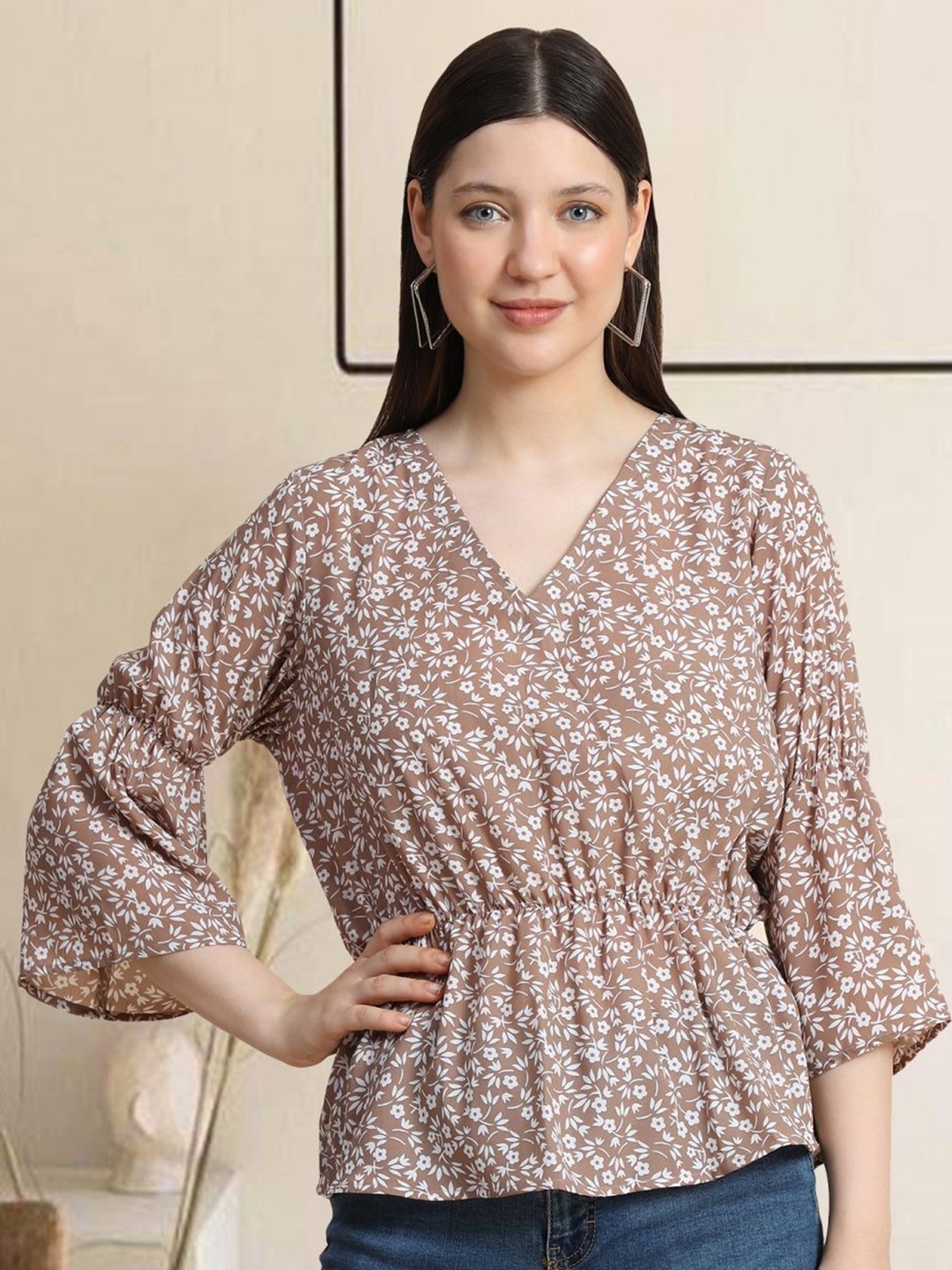 

TOOCHKI V Neck Floral Printed Flared Sleeve Peplum Top, Brown