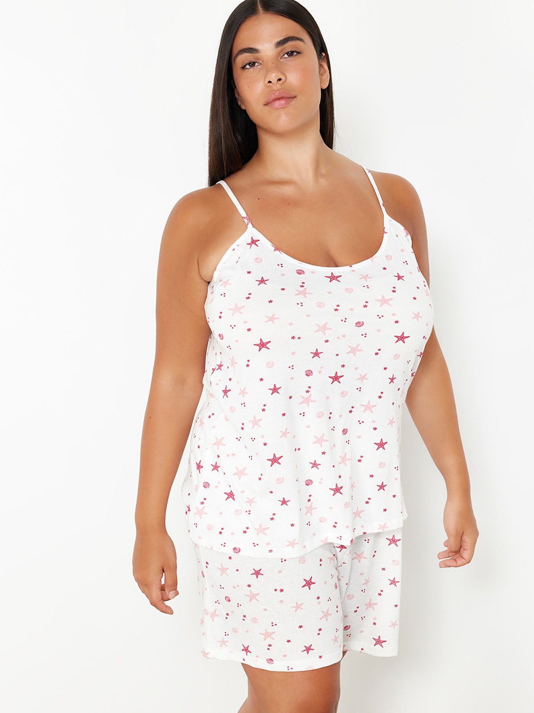 

Trendyol Plus Size Graphic Printed Shoulder Straps Night suit, White