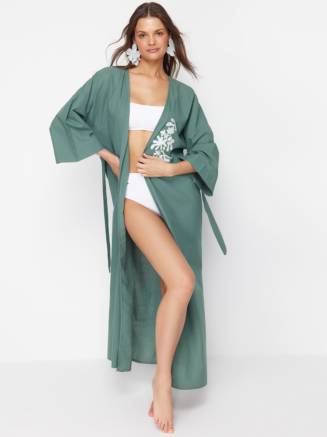 

Trendyol Floral Printed Pure Cotton Robe, Green