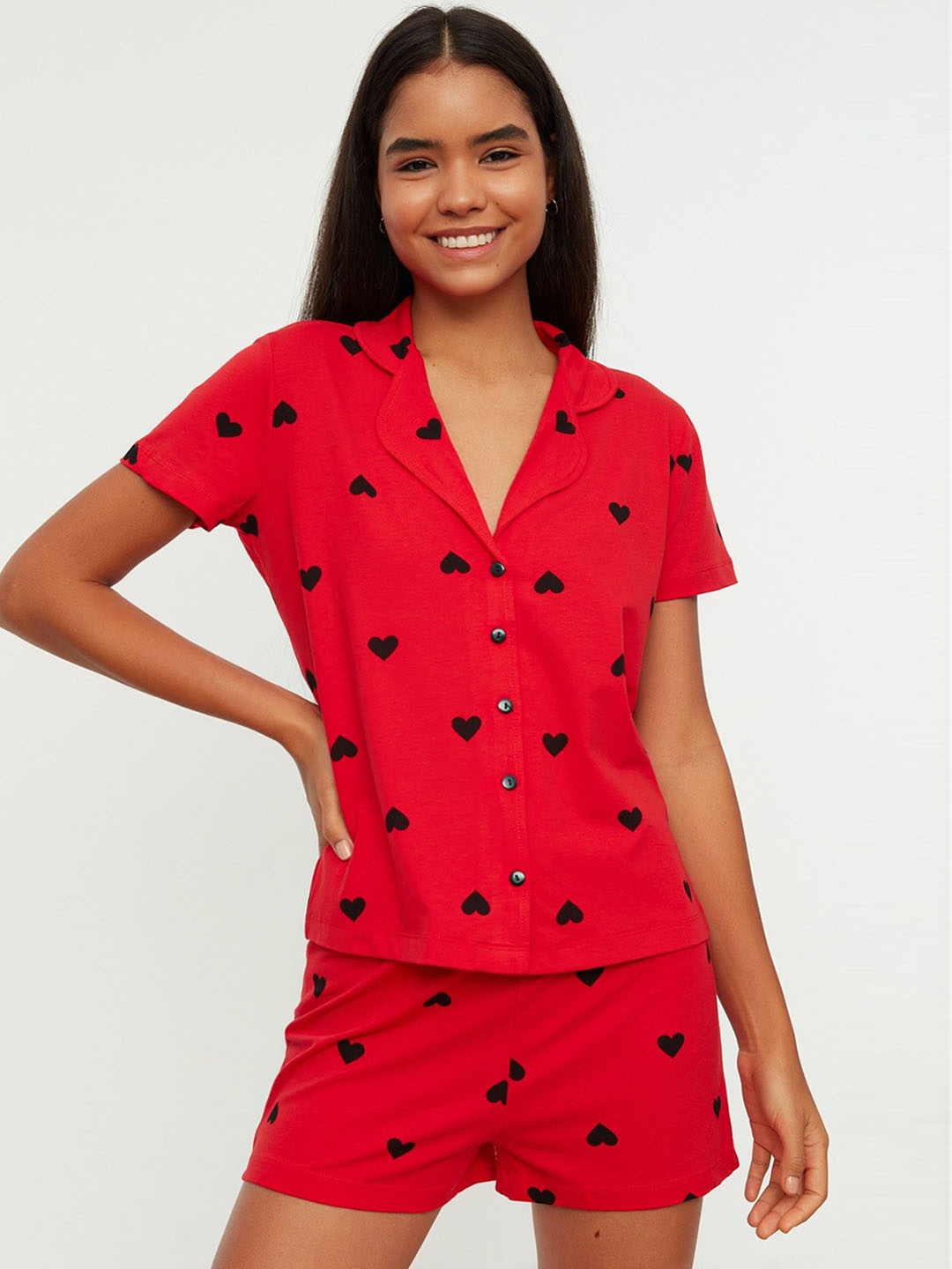 

Trendyol Geometric Printed Lapel Collar Pure Cotton Night suit, Red