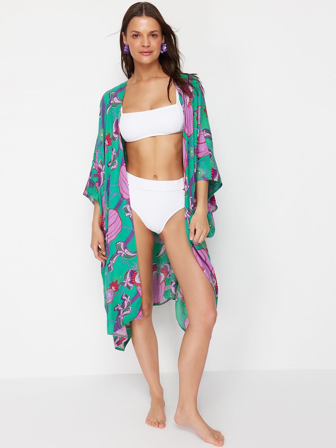 

Trendyol Floral Printed Swimwear Cover up kaftan, Green