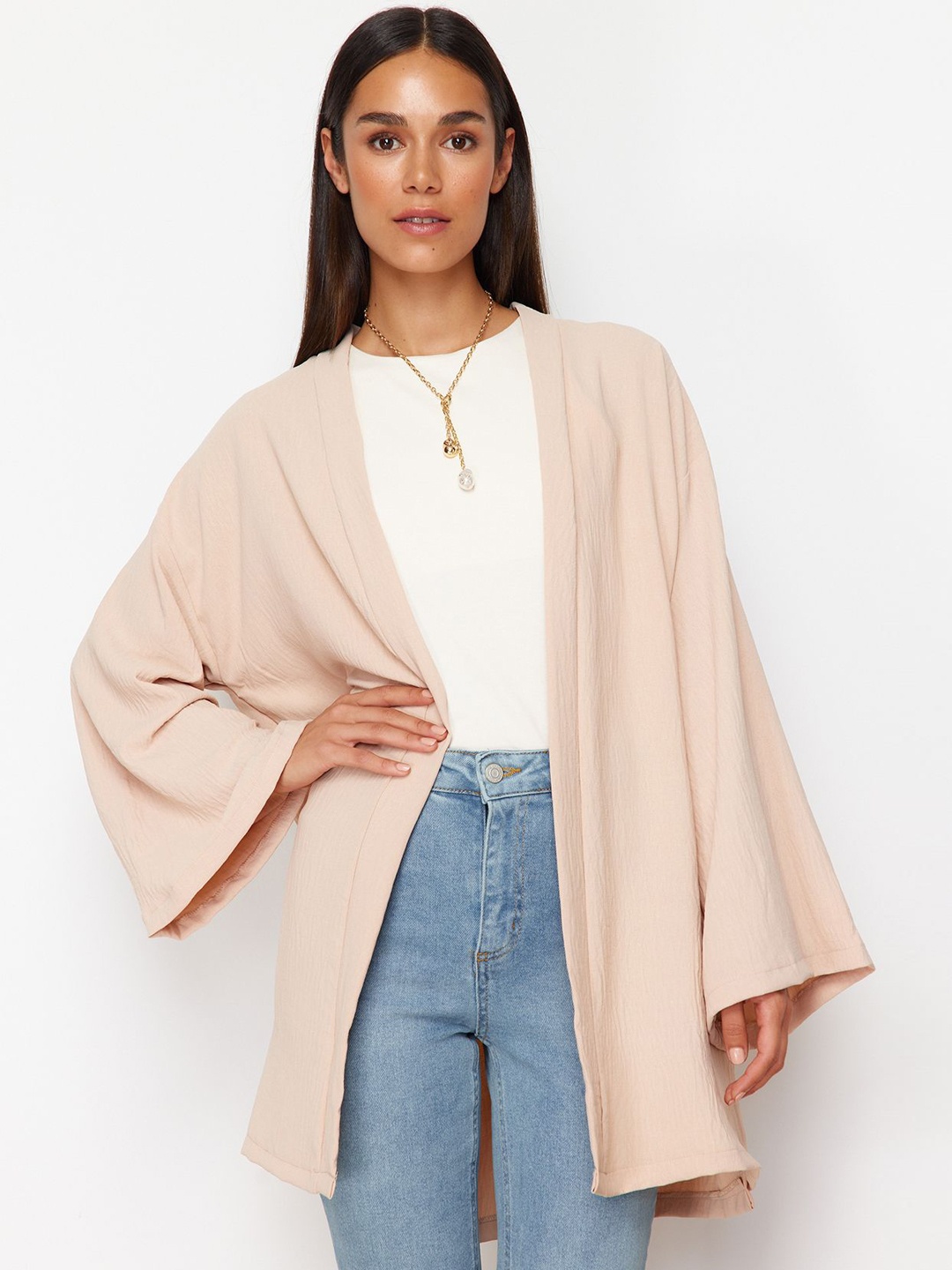 

Trendyol Textured Self Design Longline Tie-Up Detailed Shrug, Beige