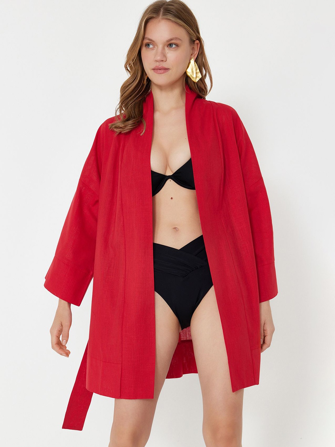 

Trendyol Pure Cotton Mini Swimwear Cover Up Top, Red