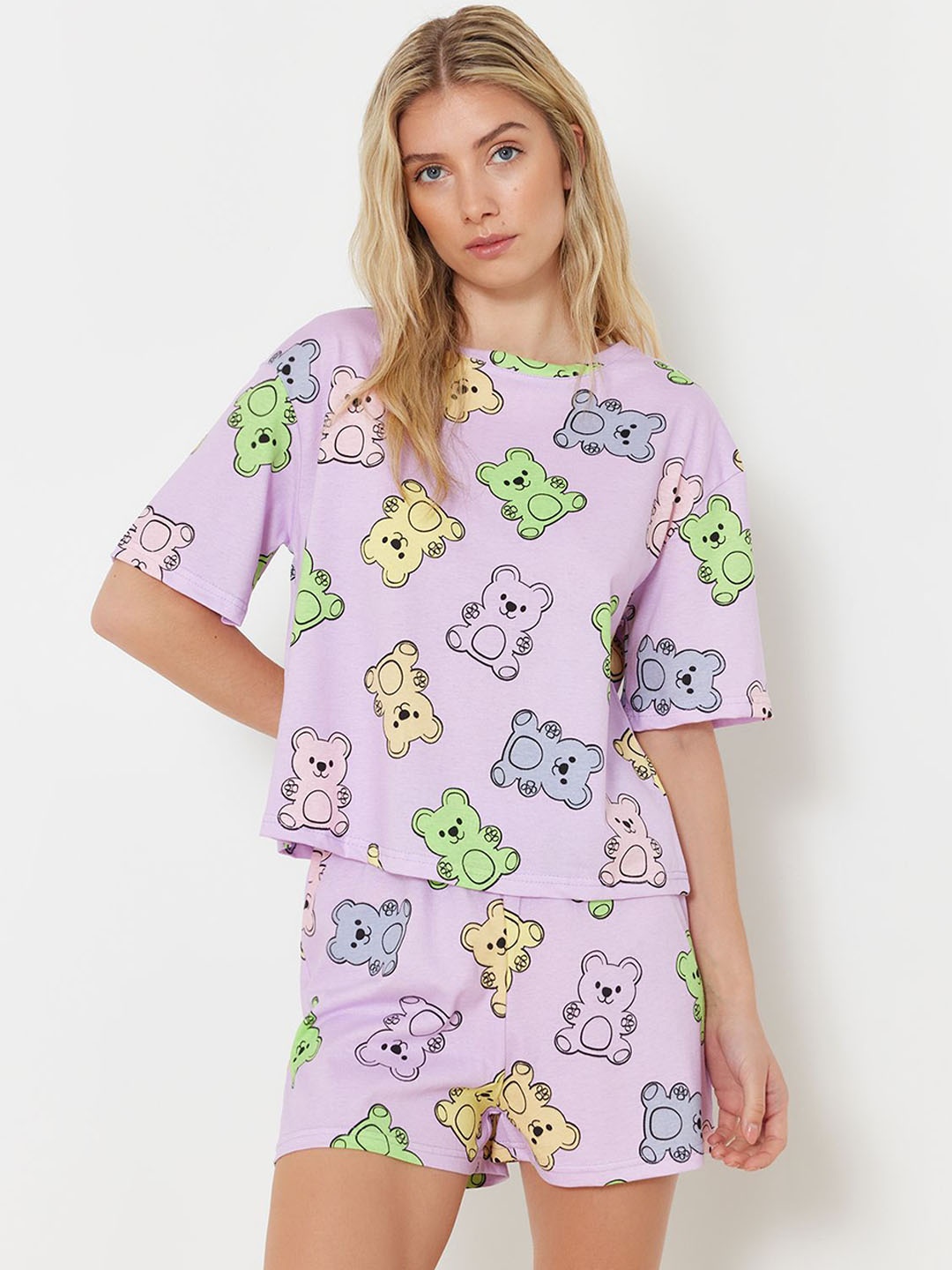 

Trendyol Conversational Printed Pure Cotton T-shirt With Shorts, Lavender