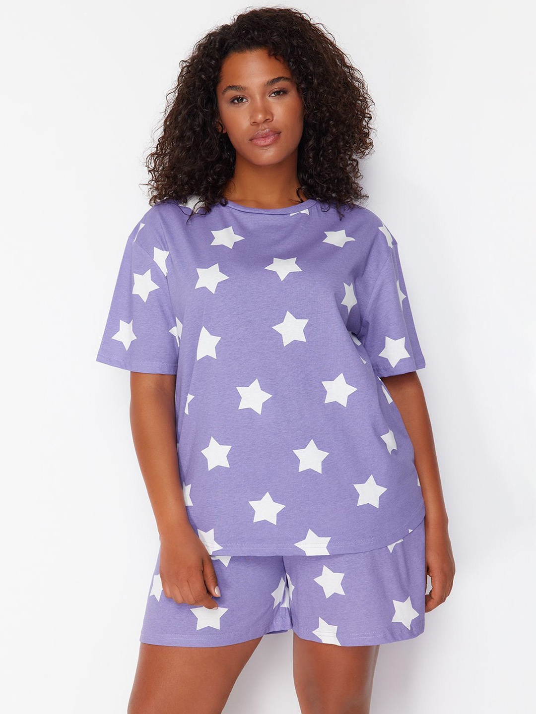 

Trendyol Plus Size Geometric Printed Pure Cotton Night Suit, Lavender