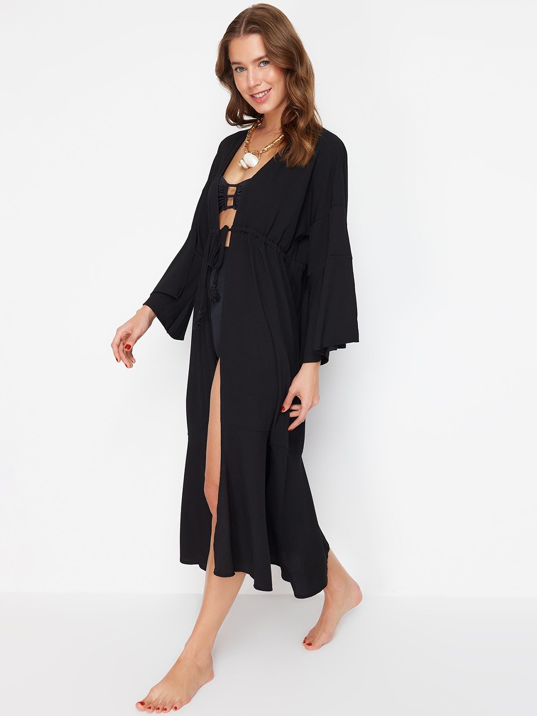 

Trendyol V-Neck Long Sleeves Maxi Swimwear Cover up Top, Beige