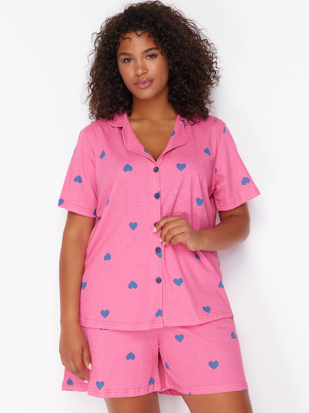 

Trendyol Plus Size Geometric Printed Lapel Collar Pure Cotton Night suit, Pink