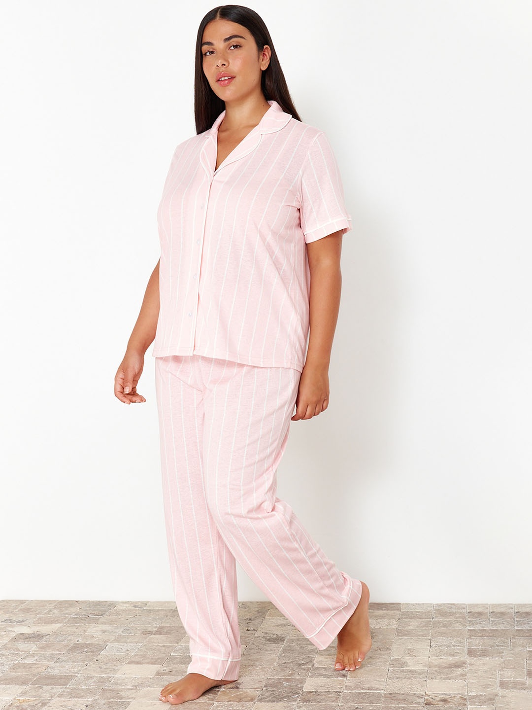 

Trendyol Plus Size Striped Lapel Collar Pure Cotton Night suit, Pink