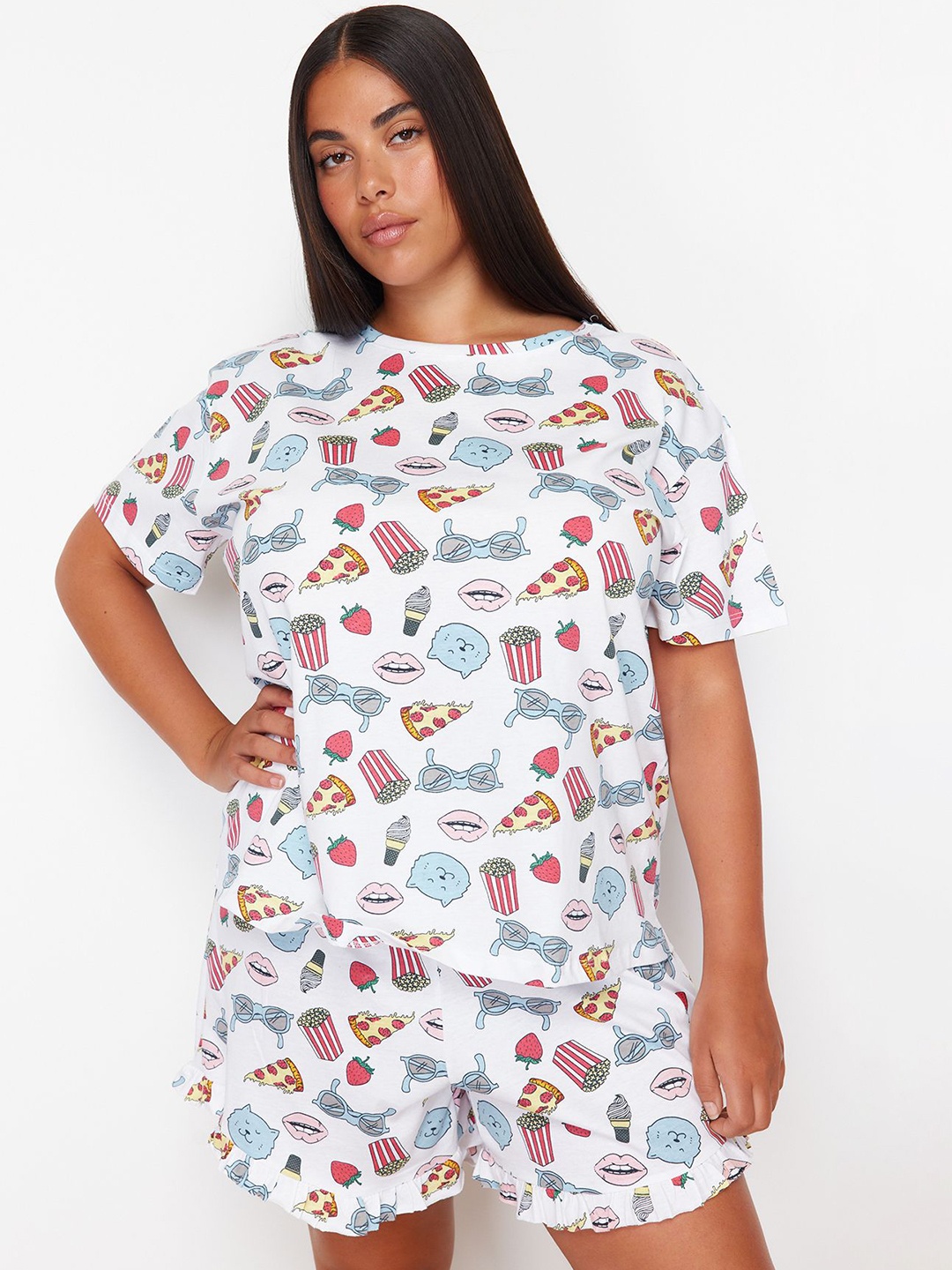 

Trendyol Conversational Printed Pure Cotton T-shirt With Shorts, White