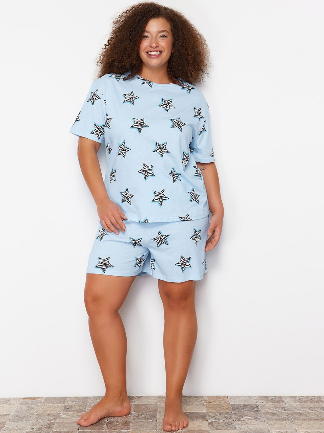 

Trendyol Conversational Printed Pure Cotton T-shirt With Shorts, Blue