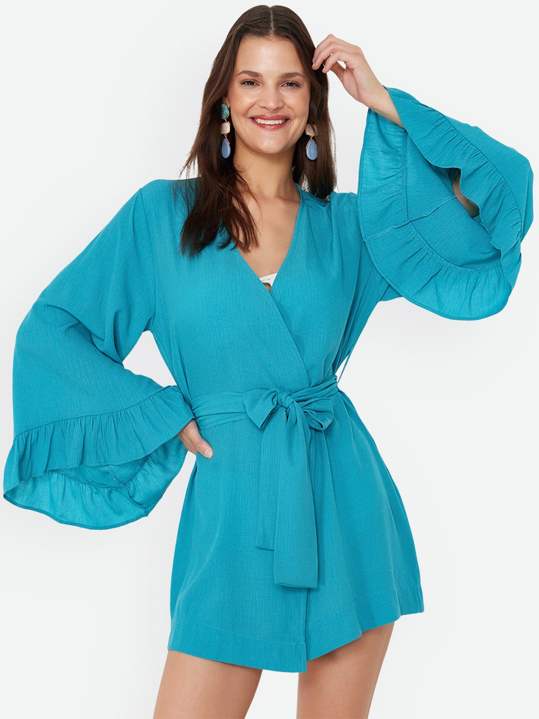 

Trendyol Women V-Neck Mini Robe, Blue