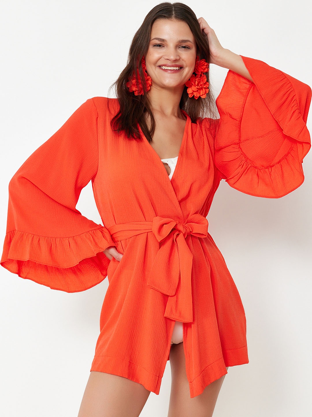 

Trendyol V-Neck Medium Coverage Swim Wear Cover Up Top, Red