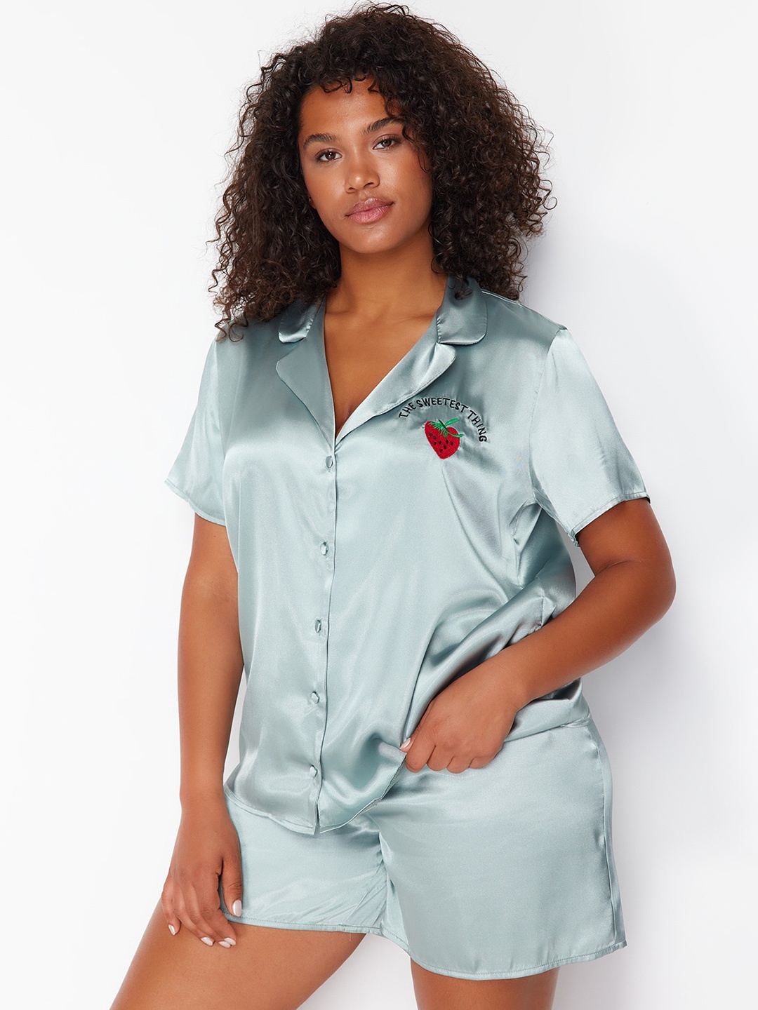 

Trendyol Lapel Collar Shirt With Pyjamas, Blue