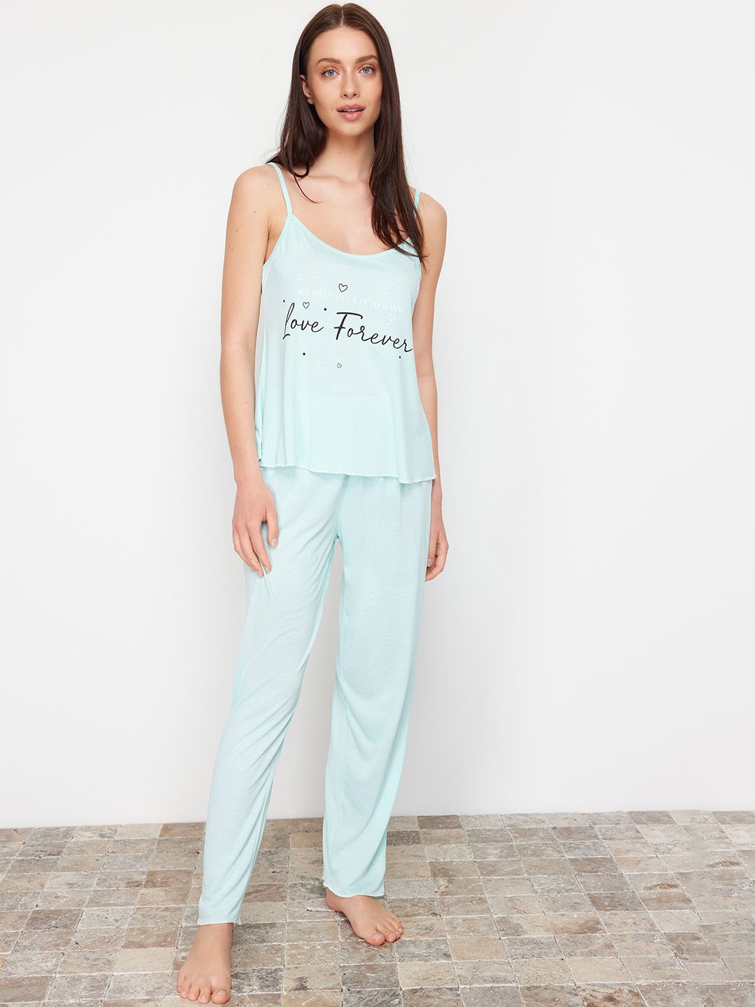 

Trendyol Typography Printed Shoulder Straps Night suit, Green