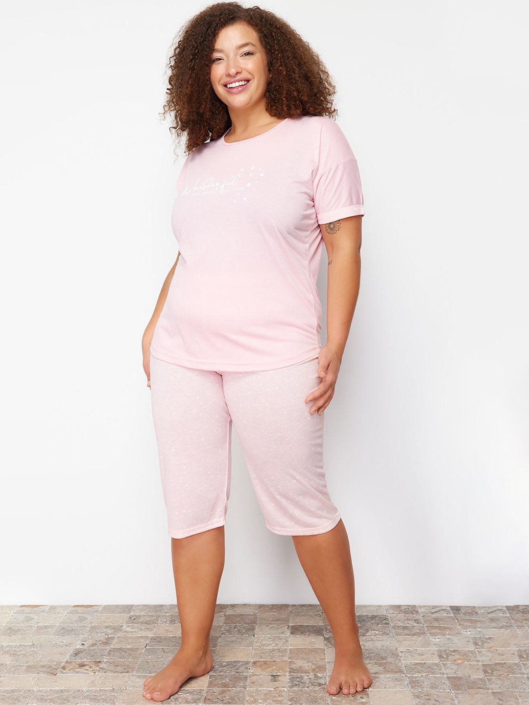 

Trendyol Plus Size Abstract Printed Night suit, Pink