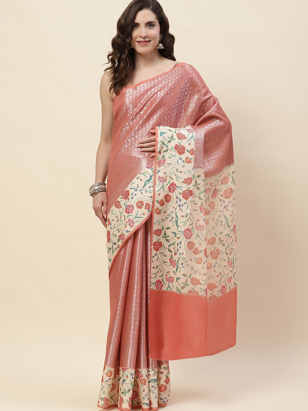 

Meena Bazaar Woven Design Zari Saree, Peach