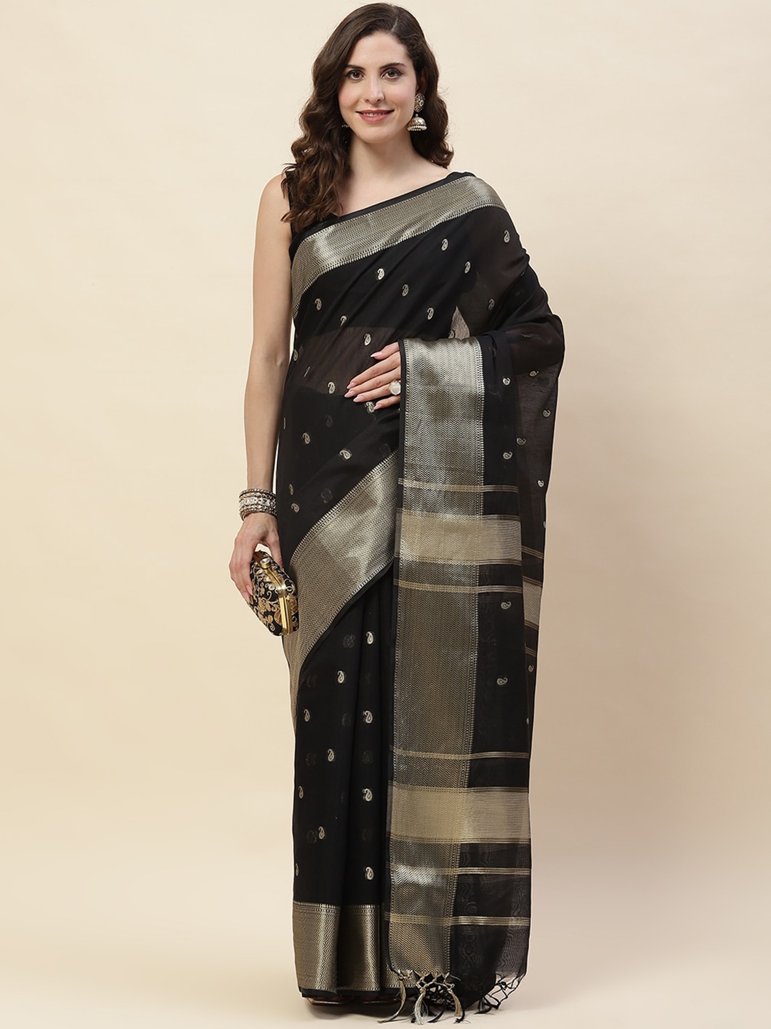 

Meena Bazaar Woven Design Zari Saree, Black
