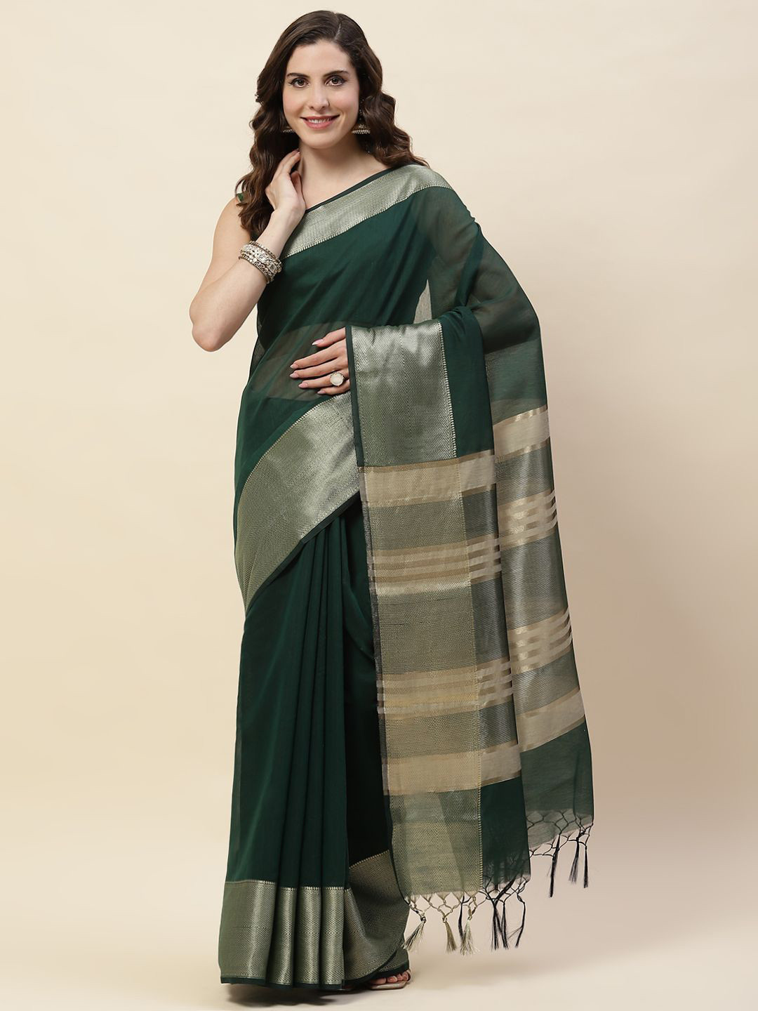 

Meena Bazaar Solid Zari Saree, Green