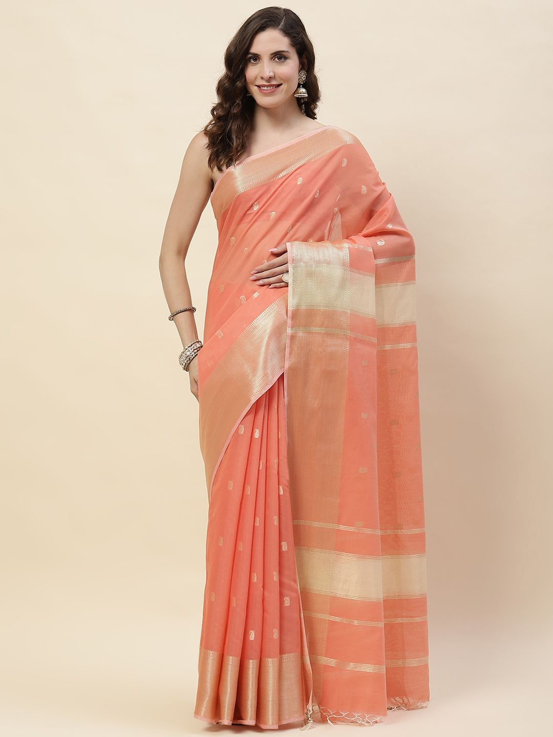 

Meena Bazaar Woven Design Zari Saree, Peach