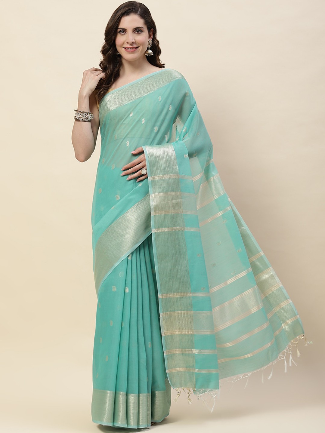 

Meena Bazaar Woven Design Zari Saree, Sea green