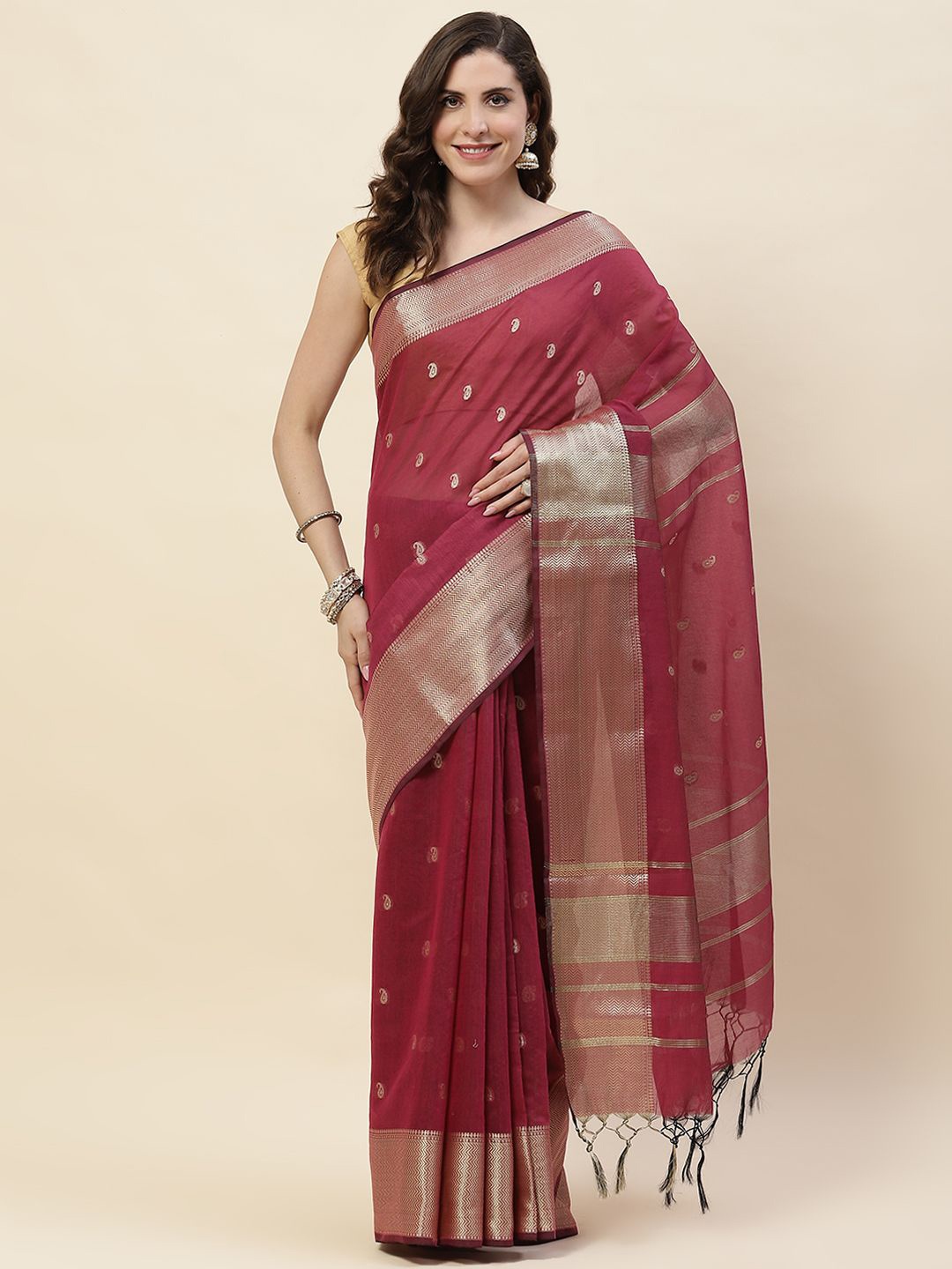 

Meena Bazaar Woven Design Zari Saree, Magenta