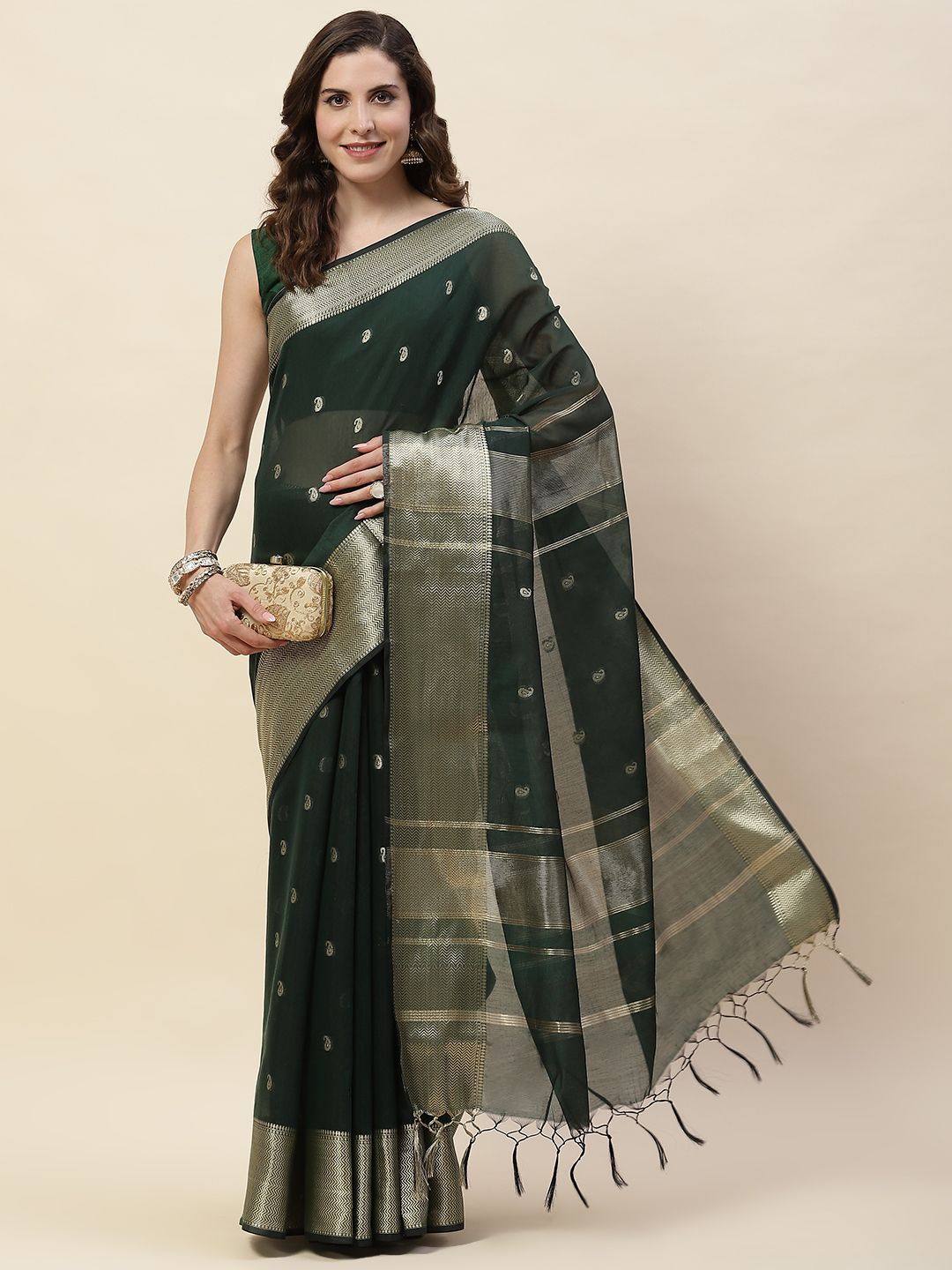 

Meena Bazaar Woven Design Zari Saree, Green