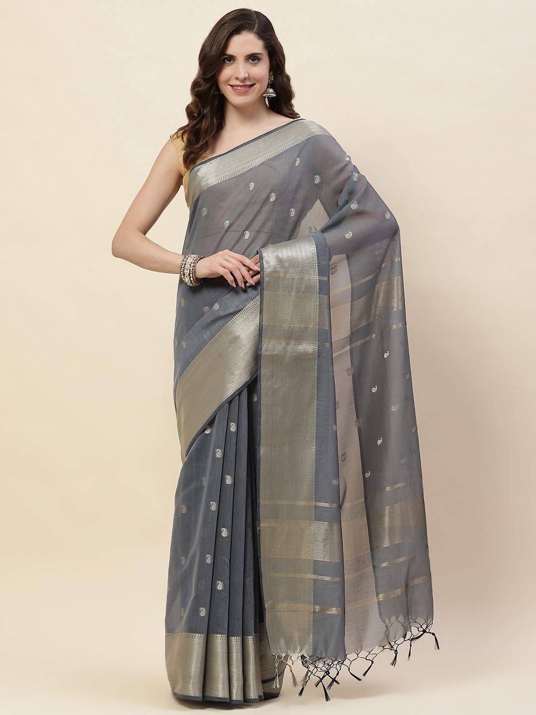 

Meena Bazaar Woven Design Zari Saree, Grey