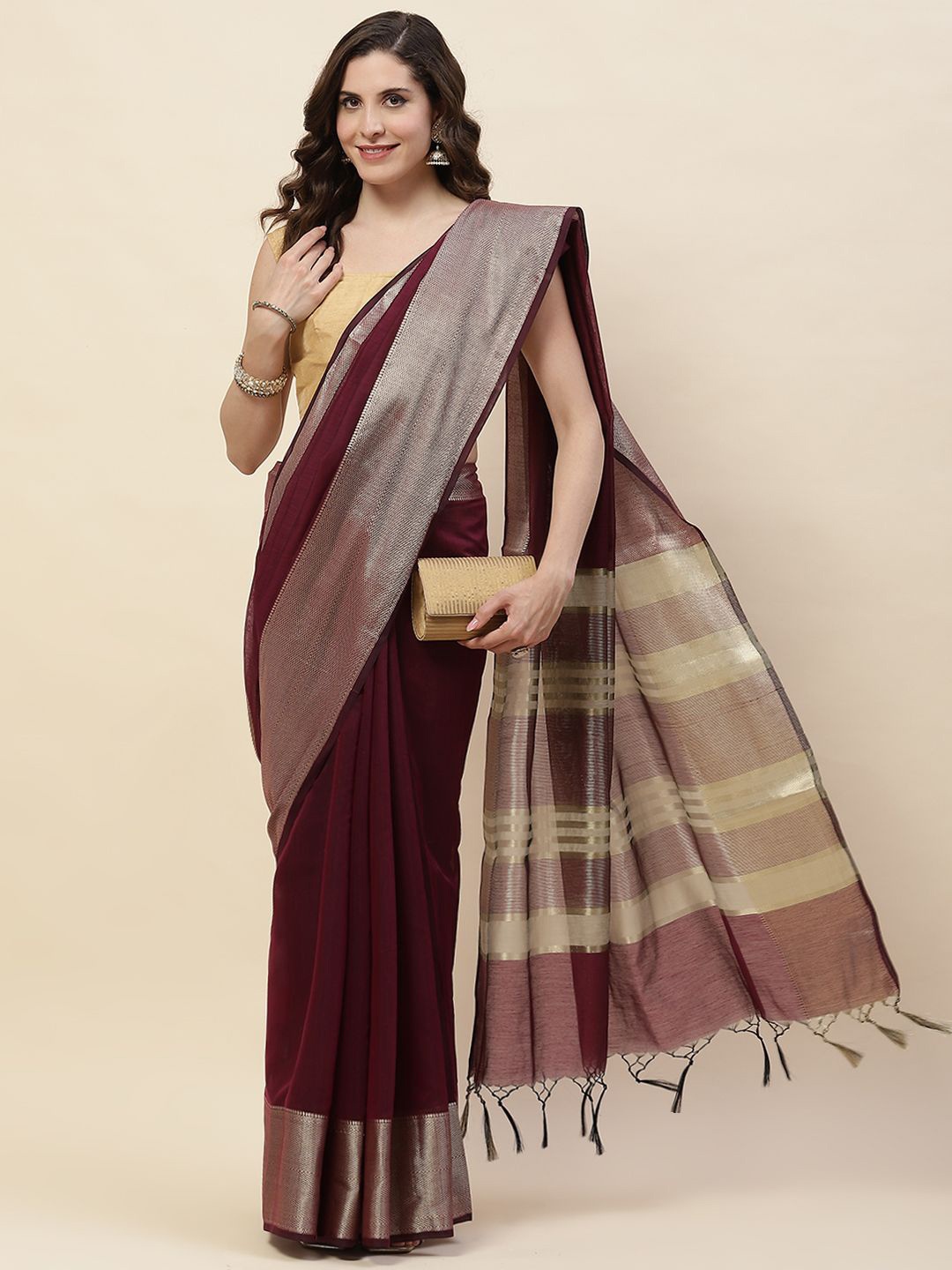 

Meena Bazaar Zari Saree, Burgundy