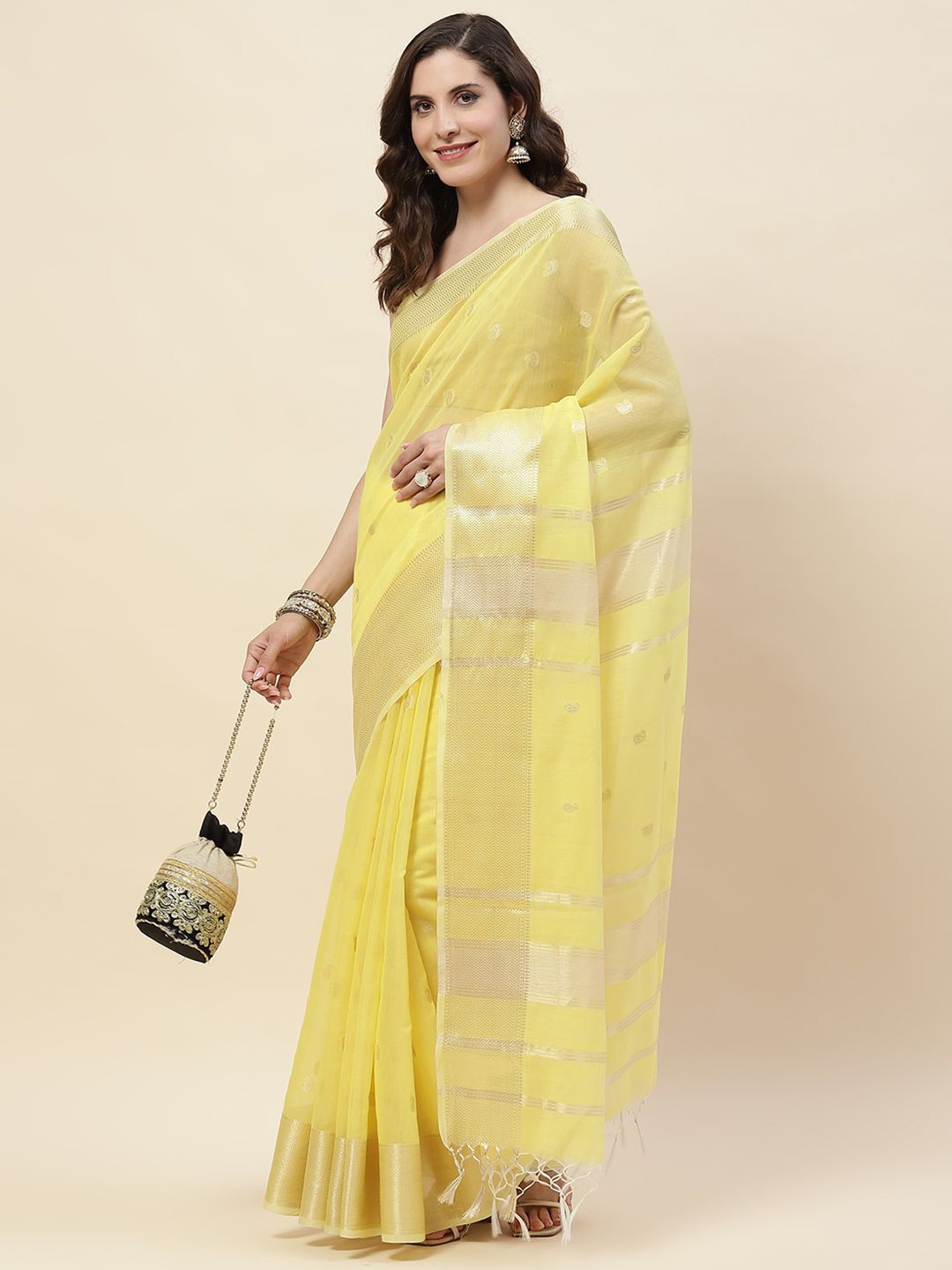 

Meena Bazaar Woven Design Zari Saree, Yellow
