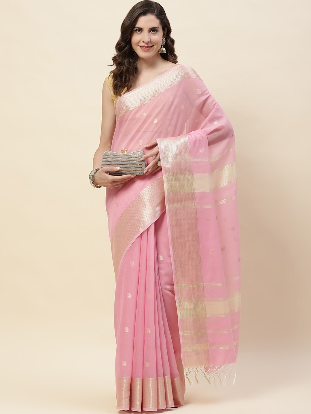 

Meena Bazaar Woven Design Zari Saree, Pink
