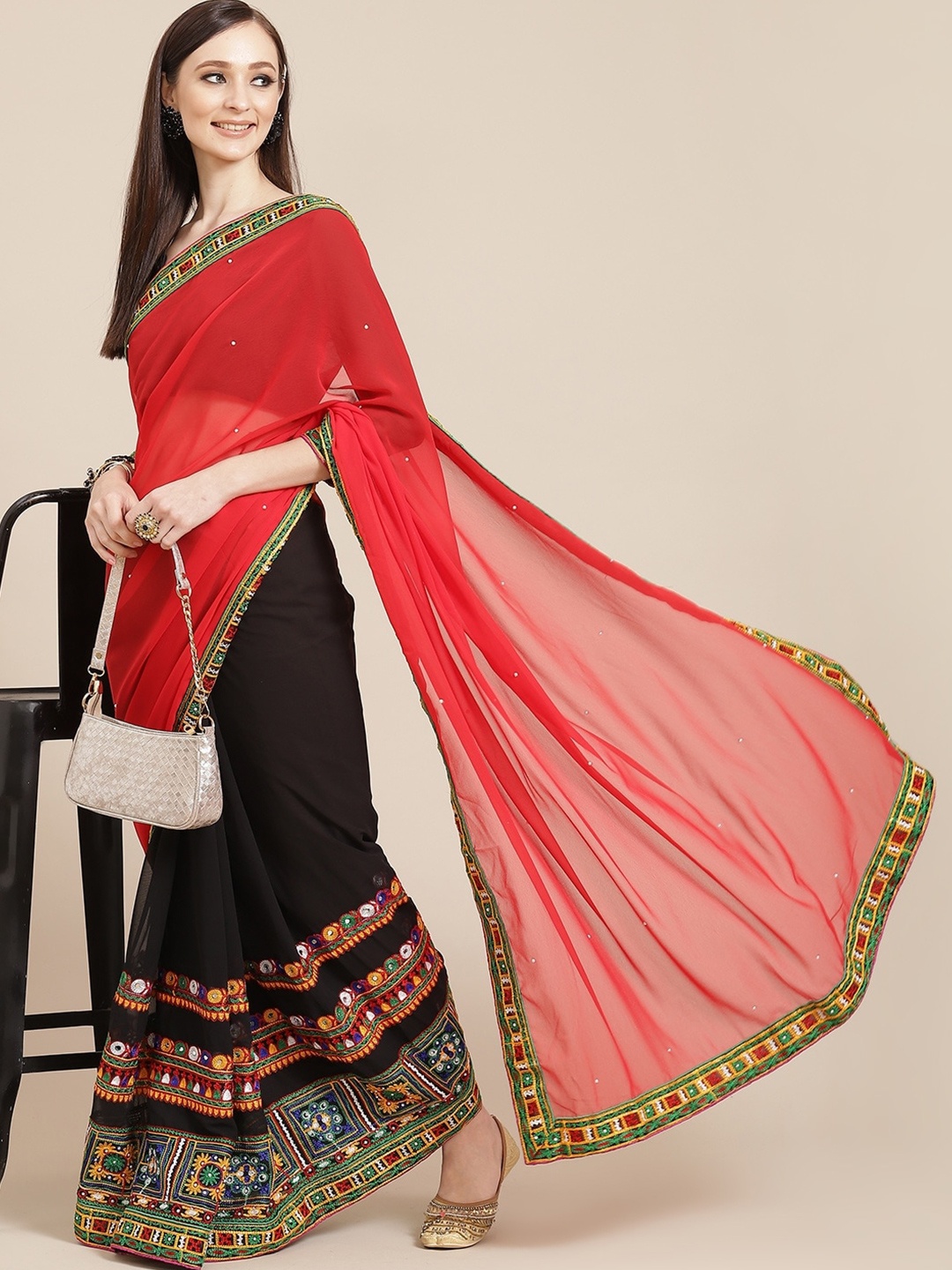 

RAJGRANTH Ethnic Motifs Embroidered Pure Georgette Half and Half Saree, Black