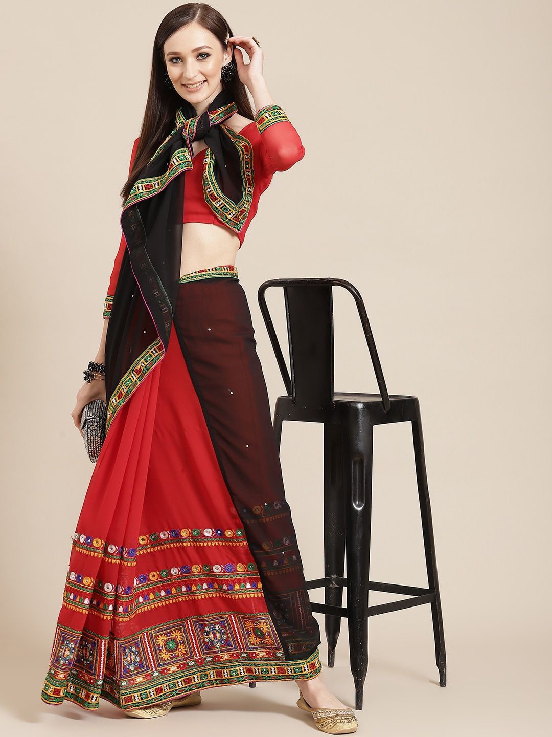 

RAJGRANTH Ethnic Motifs Embroidered Pure Georgette Half and Half Saree, Red