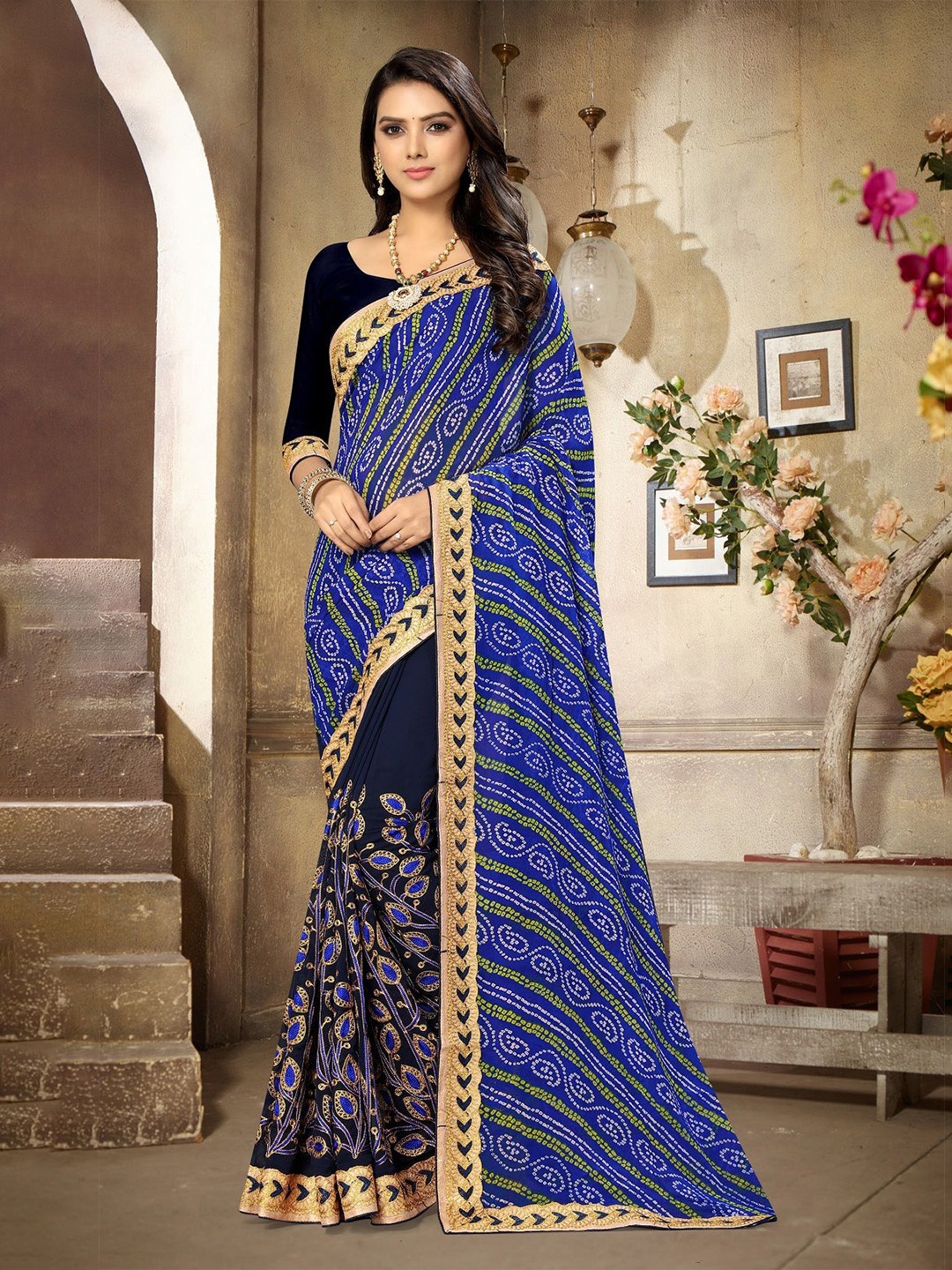 

RAJGRANTH Floral Embroidered Pure Georgette Half and Half Saree, Blue