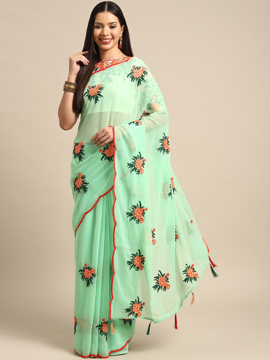 

RAJGRANTH Floral Embroidered Pure Georgette Saree, Sea green