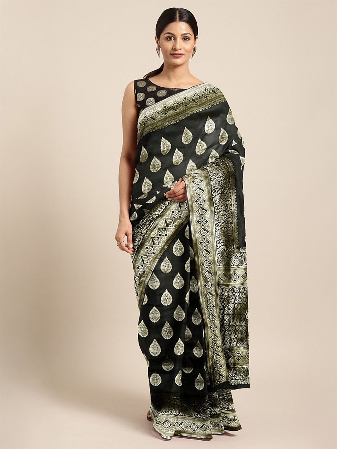 

RAJGRANTH Ethnic Motifs Zari Silk Cotton Banarasi Saree, Black