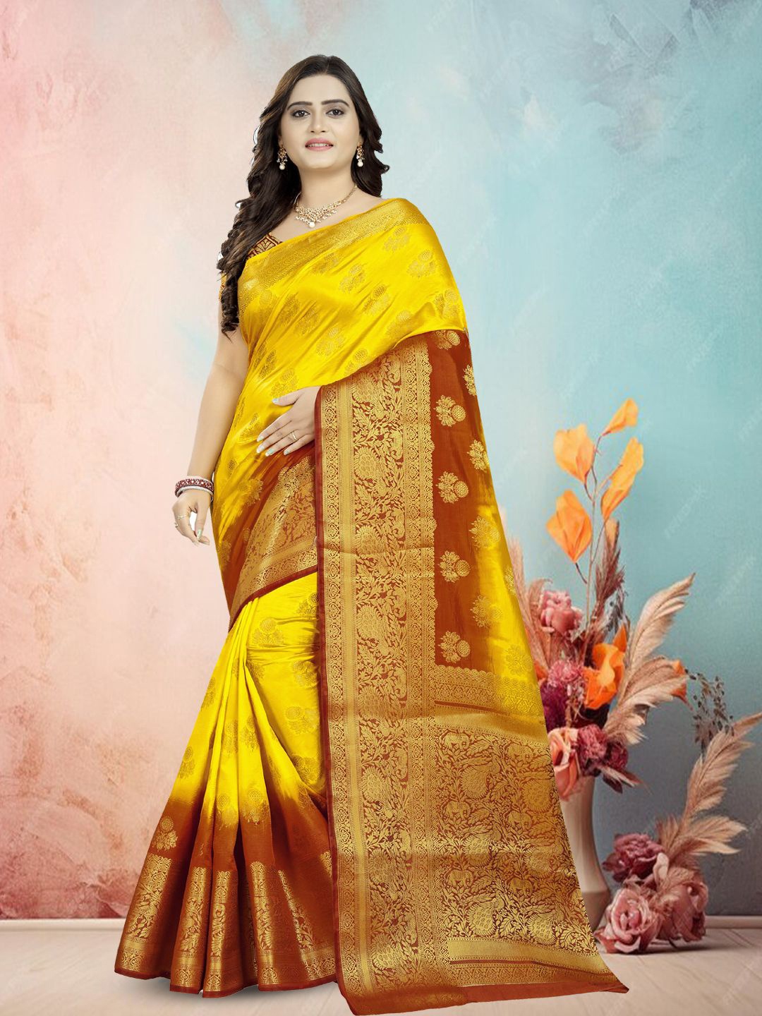 

RAJGRANTH Ethnic Motifs Zari Pure Silk Banarasi Saree, Yellow