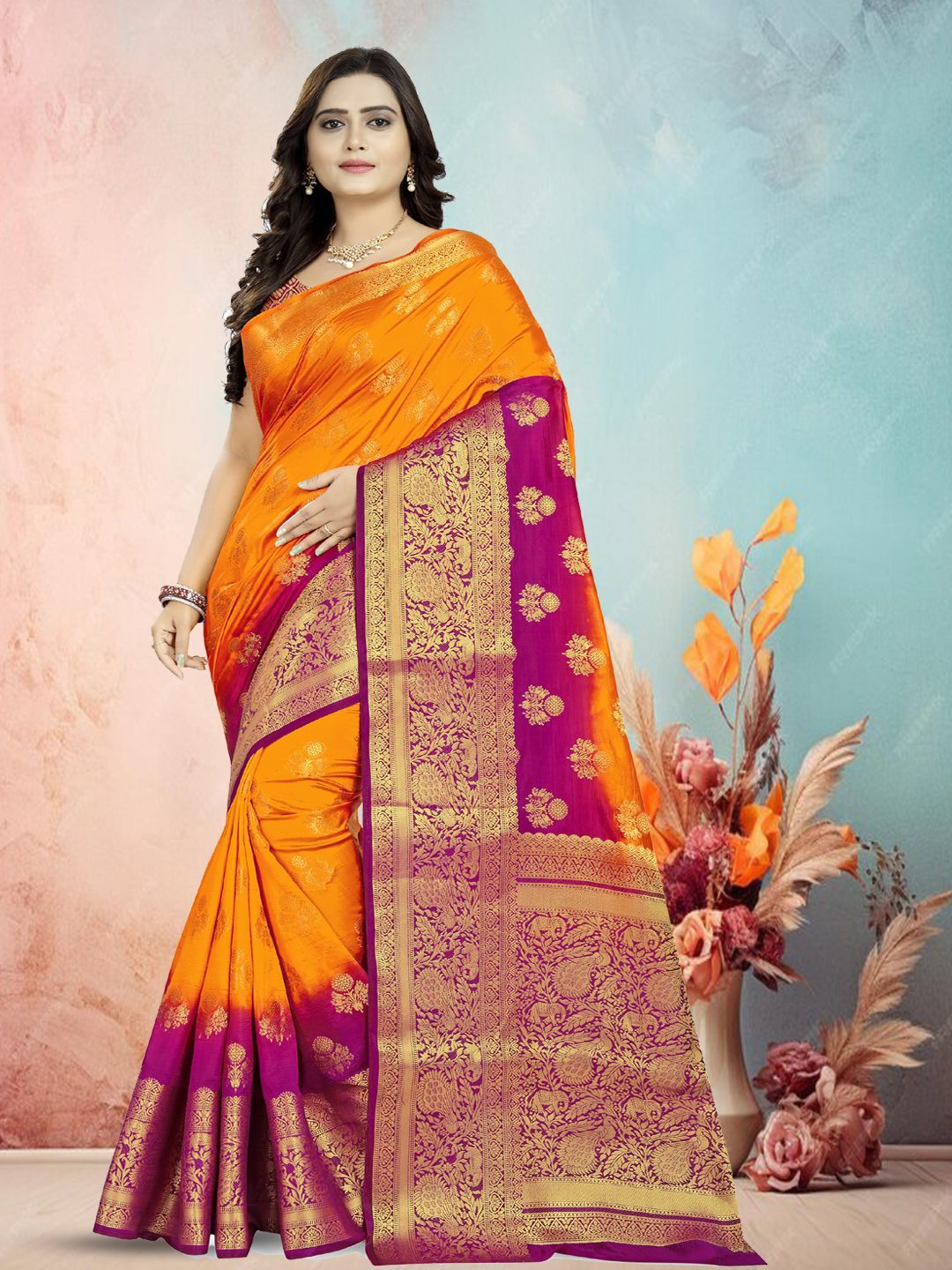 

RAJGRANTH Ethnic Motifs Zari Pure Silk Banarasi Saree, Orange