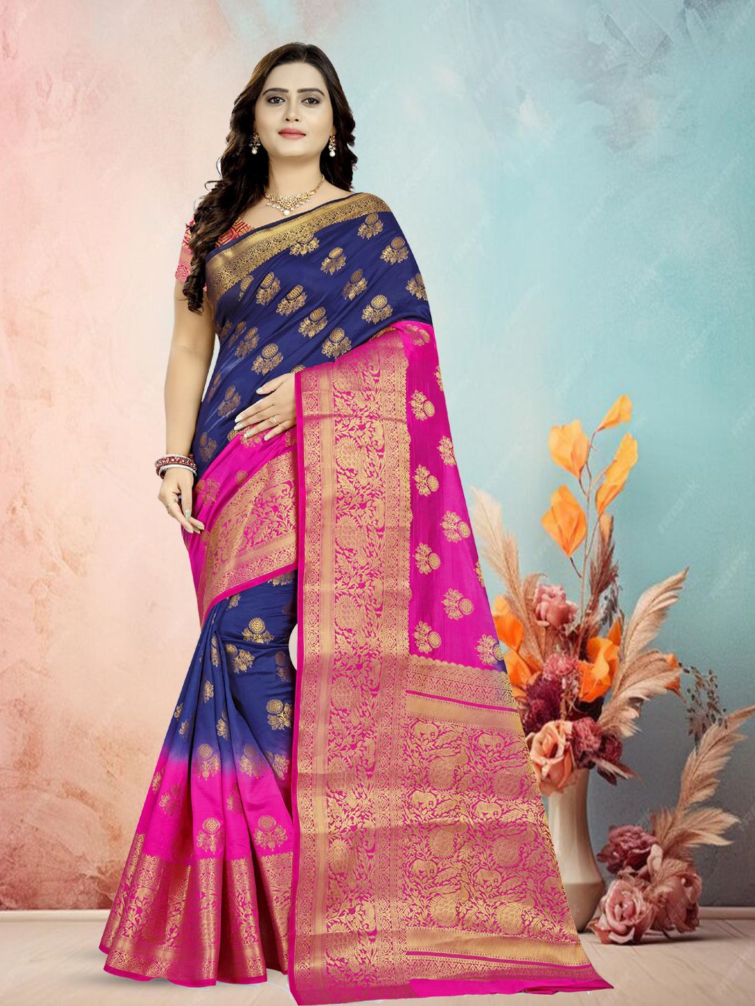

RAJGRANTH Ethnic Motifs Zari Pure Silk Banarasi Saree, Blue