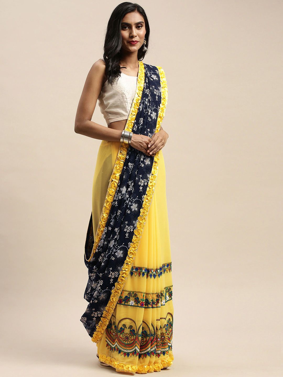 

RAJGRANTH Ethnic Motifs Kutchi Embroidery Pure Georgette Half and Half Saree, Yellow