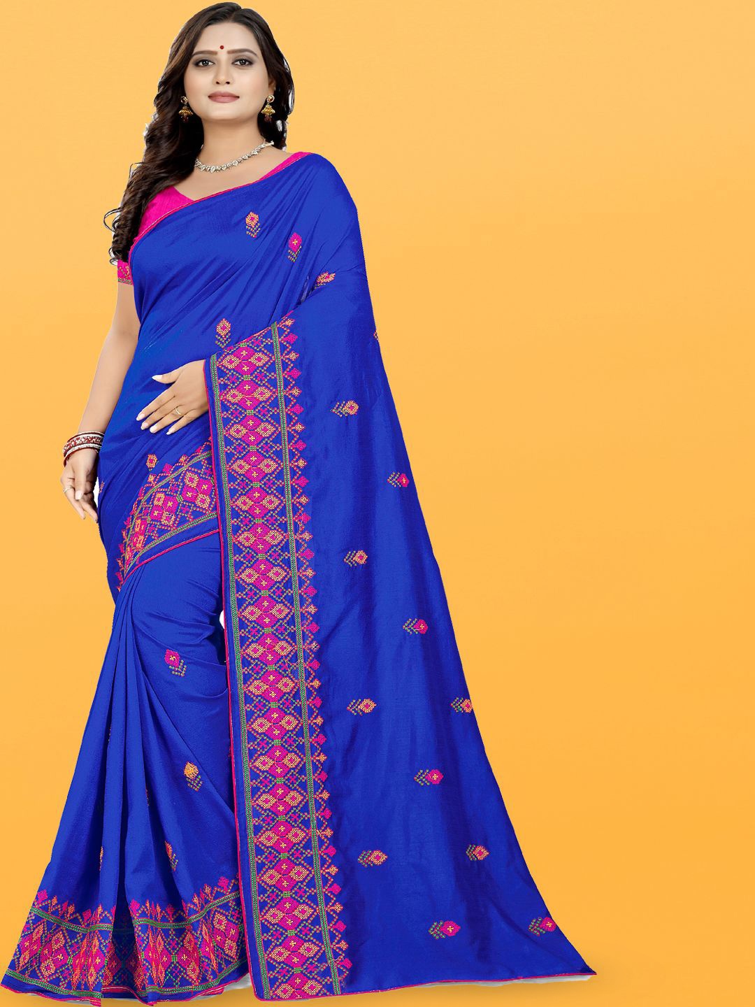 RAJGRANTH Floral Embroidered Pure Georgette Saree, Blue